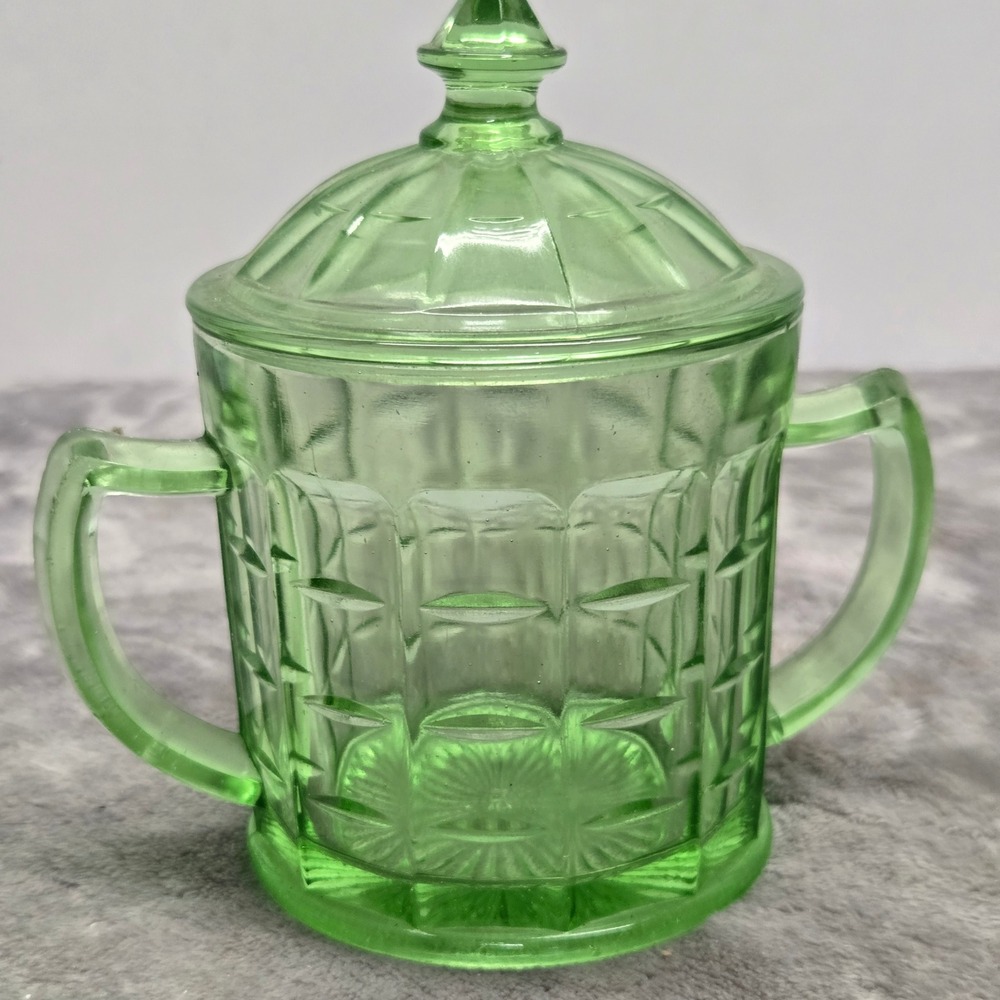 Hazel-Atlas Green Uranium Glass Sugar Bowl with Lid Windsor Pattern Vaseline
